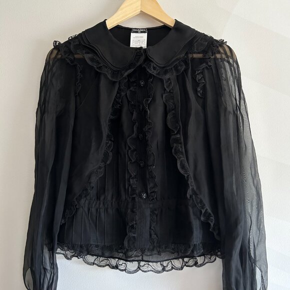 CHANEL BLACK SILK RUFFLE BLOUSE - Picture 9 of 15